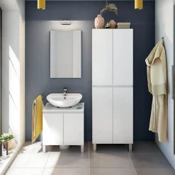 Colonne De Salle De Bains|Pegane Colonne de salle de bain avec 4 portes sans poignée coloris blanc - Longueur 60 x Profondeur 35 x Hauteur 182 cm