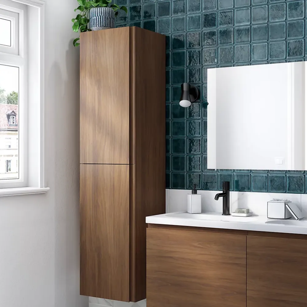 Colonne De Salle De Bains|GoodHome Colonne de salle de bains effet noyer 2 portes l.40 x H.160 x P.36 cm Levanna