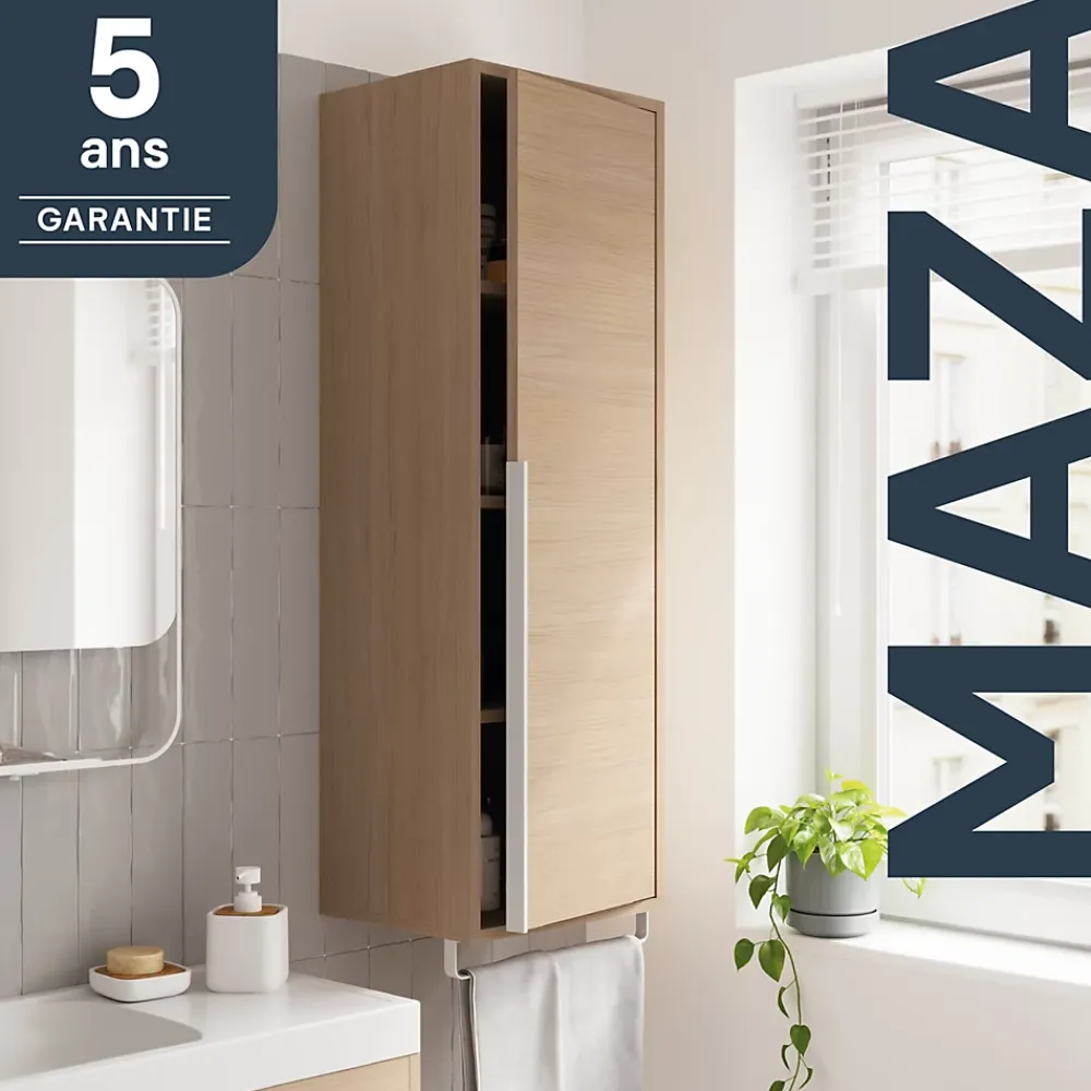 Colonne De Salle De Bains|Meuble De Salle De Bains Faible Profondeur|GoodHome Colonne de salle de bains suspendue avec porte-serviettes effet bois l.36 x H.115 x P.30 cm, Maza