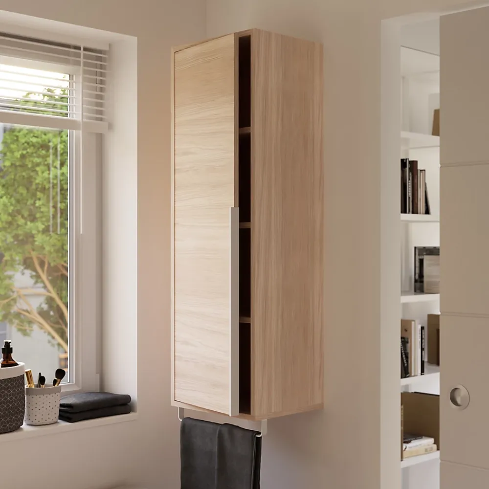 Colonne De Salle De Bains|Meuble De Salle De Bains Faible Profondeur|GoodHome Colonne de salle de bains suspendue avec porte-serviettes effet bois l.36 x H.115 x P.30 cm, Maza