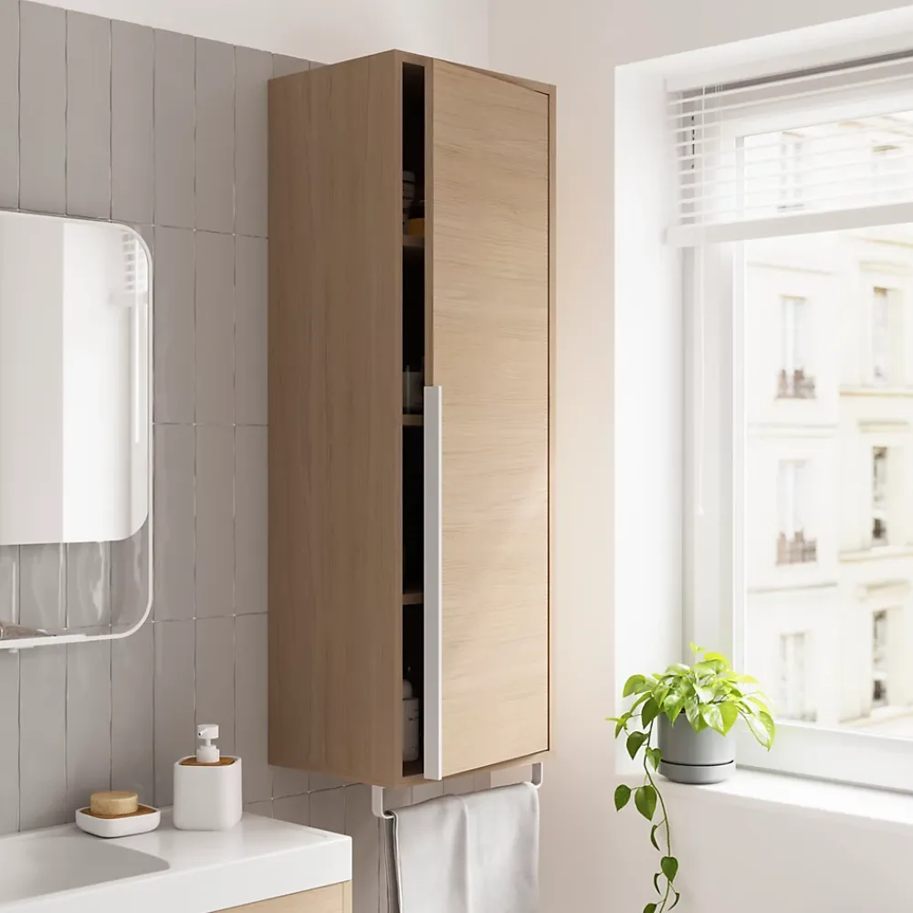 Colonne De Salle De Bains|Meuble De Salle De Bains Faible Profondeur|GoodHome Colonne de salle de bains suspendue avec porte-serviettes effet bois l.36 x H.115 x P.30 cm, Maza