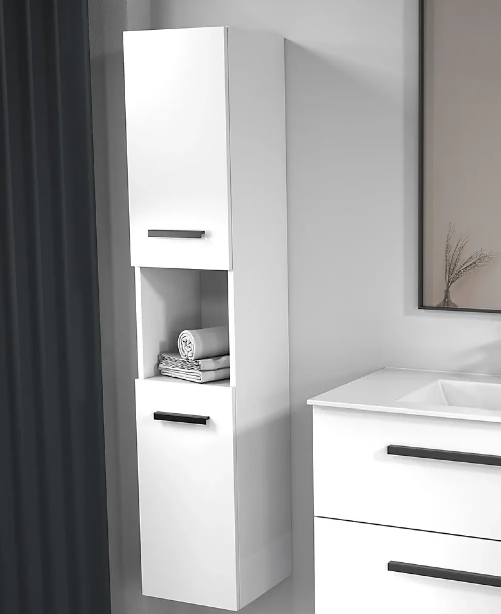 Futurbath Colonne de salle de bains suspendue blanche l.30 x H.150 x P.30 cm, 2 portes amorties et 1 niche, Pedro