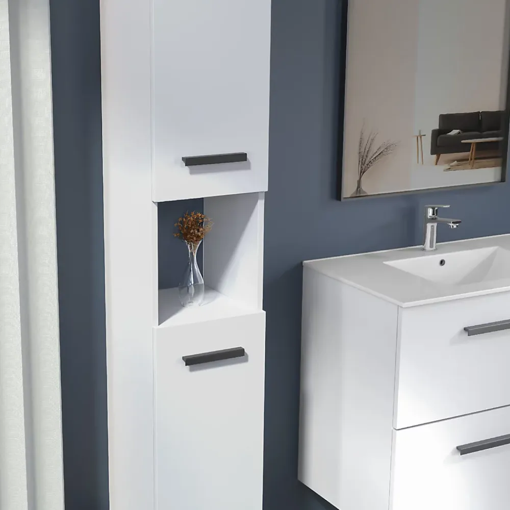 Futurbath Colonne de salle de bains suspendue blanche l.30 x H.150 x P.30 cm, 2 portes amorties et 1 niche, Pedro