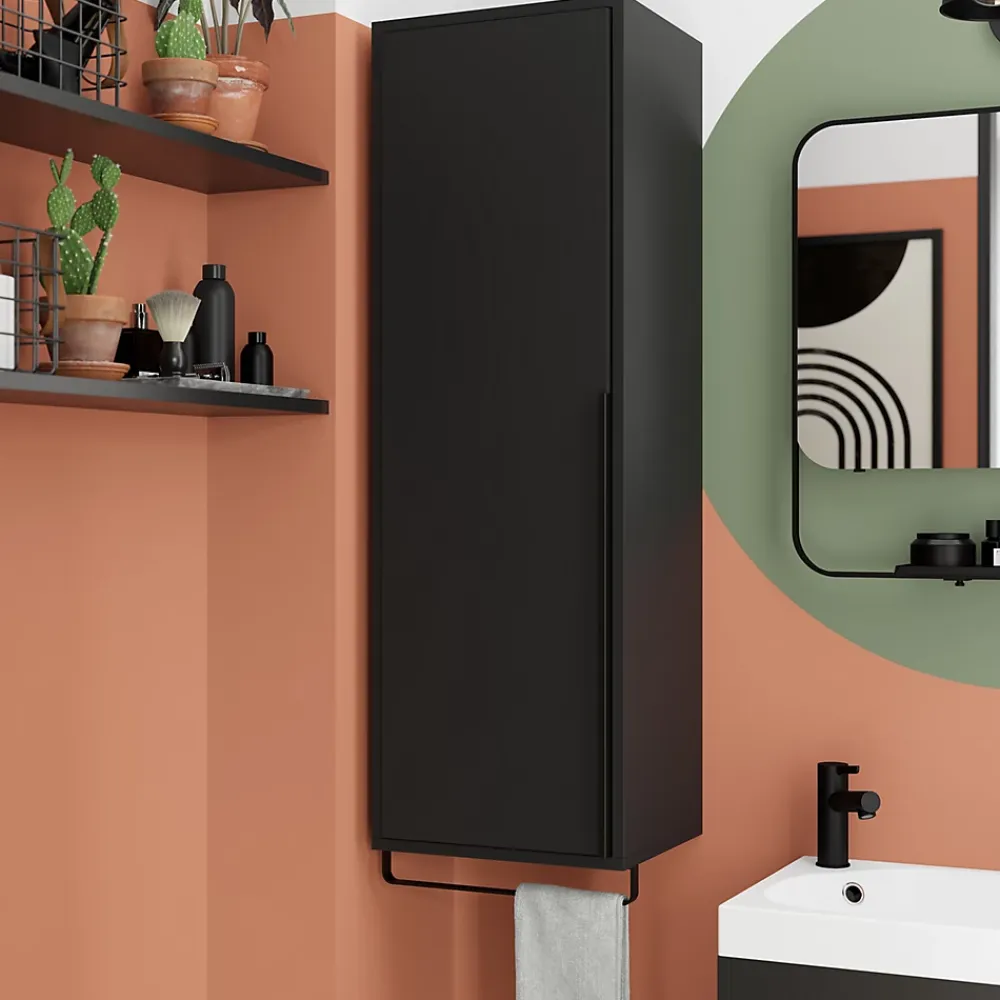 Colonne De Salle De Bains|Meuble De Salle De Bains Faible Profondeur|GoodHome Colonne de salle de bains suspendue avec porte-serviettes noir mat l.36 x H.115 x P.30 cm, Maza
