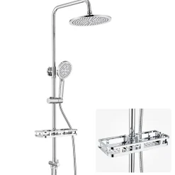 Robinet De Baignoire|Auralum Max Colonne Douche avec Étagère Sans Robinet en Inox Chromée- Ensemble Mural Réglable Avec Pommeau Effet Pluie Rond 25 CM