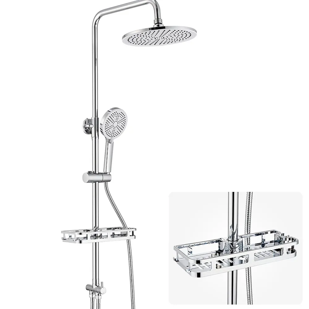 Robinet De Baignoire|Auralum Max Colonne Douche avec Étagère Sans Robinet en Inox Chromée- Ensemble Mural Réglable Avec Pommeau Effet Pluie Rond 25 CM