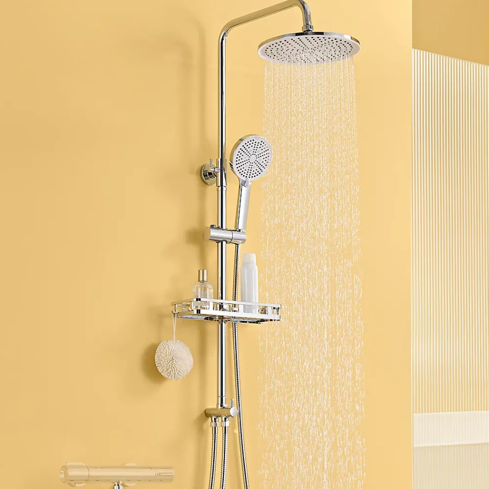 Robinet De Baignoire|Auralum Max Colonne Douche avec Étagère Sans Robinet en Inox Chromée- Ensemble Mural Réglable Avec Pommeau Effet Pluie Rond 25 CM