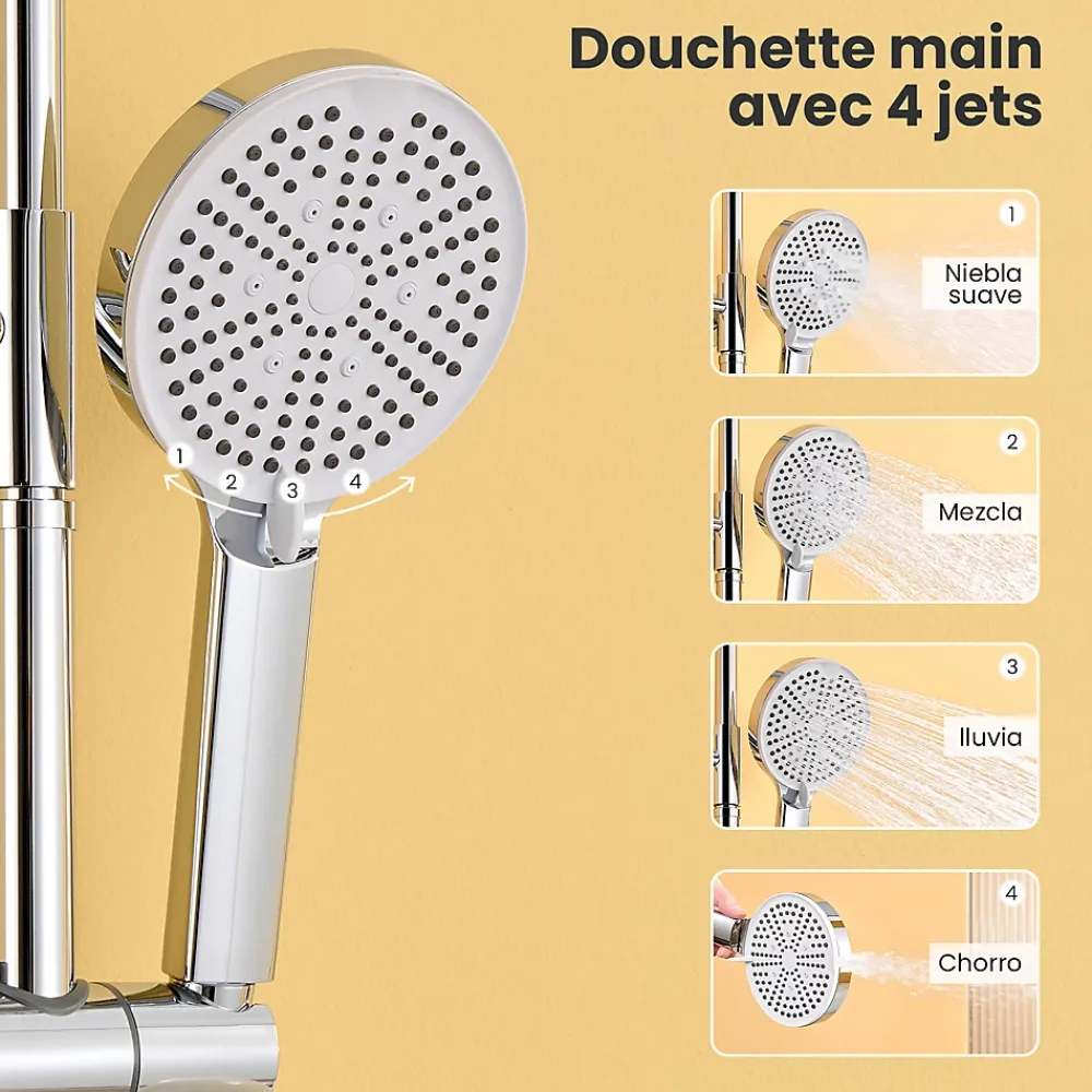 Robinet De Baignoire|Auralum Max Colonne Douche avec Étagère Sans Robinet en Inox Chromée- Ensemble Mural Réglable Avec Pommeau Effet Pluie Rond 25 CM