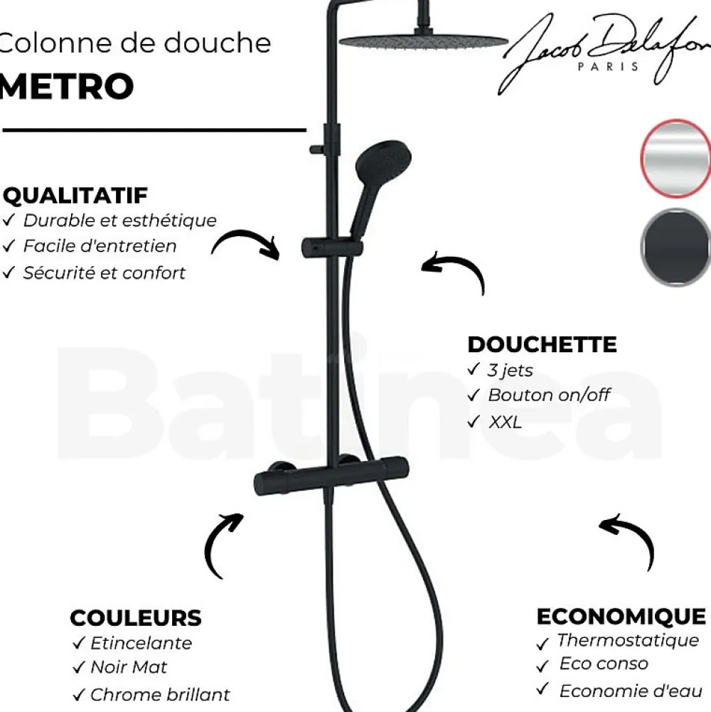 Jacob Delafon Colonne douche thermostatique Metro 3 jets, économie d'eau, noir mat
