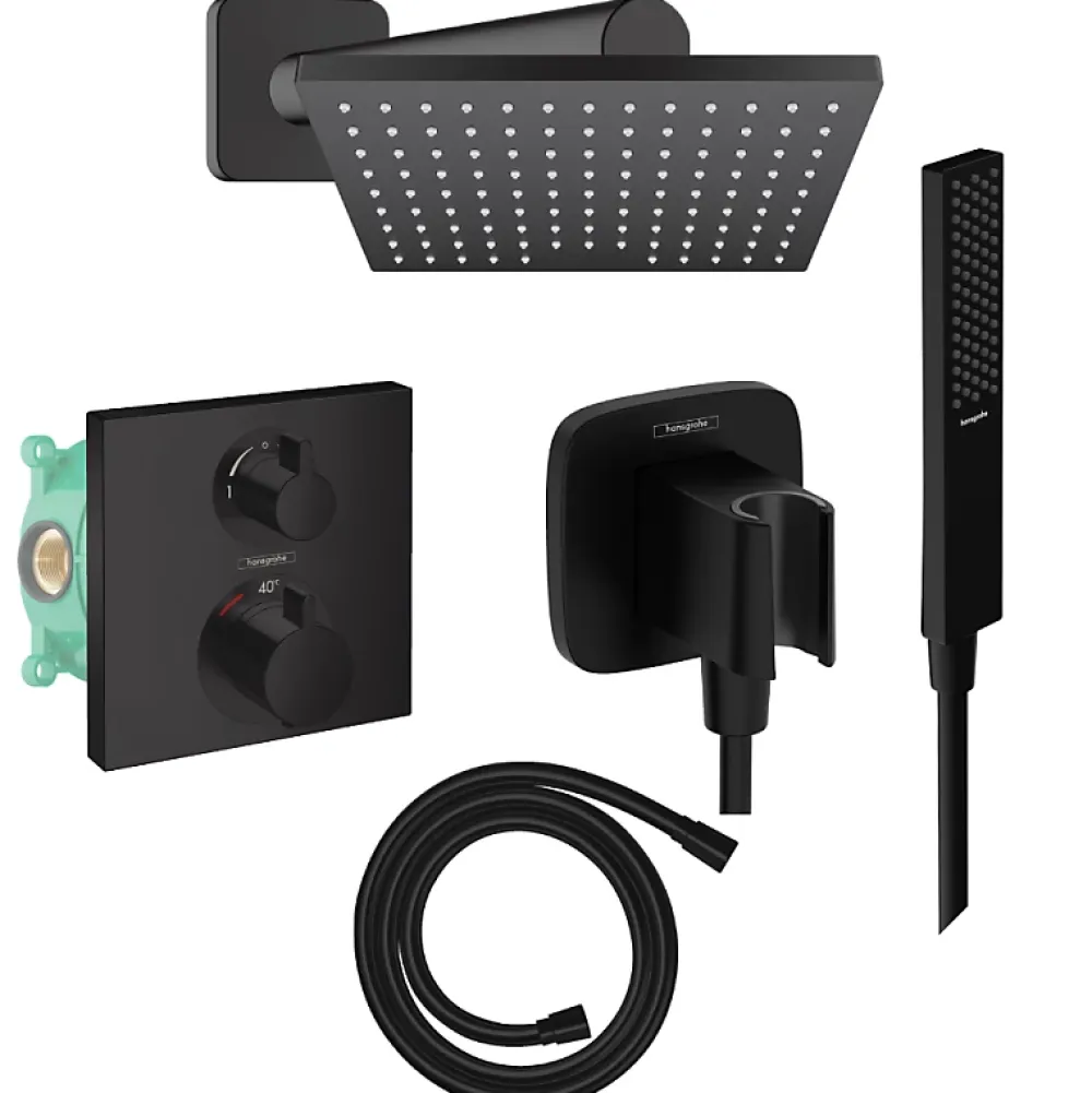Colonne De Douche Encastrable|Hansgrohe Colonne douche thermostatique Ecostat Square Douche de tête Vernis Shape Flexible Isiflex Douchette Pulsify E noir mat