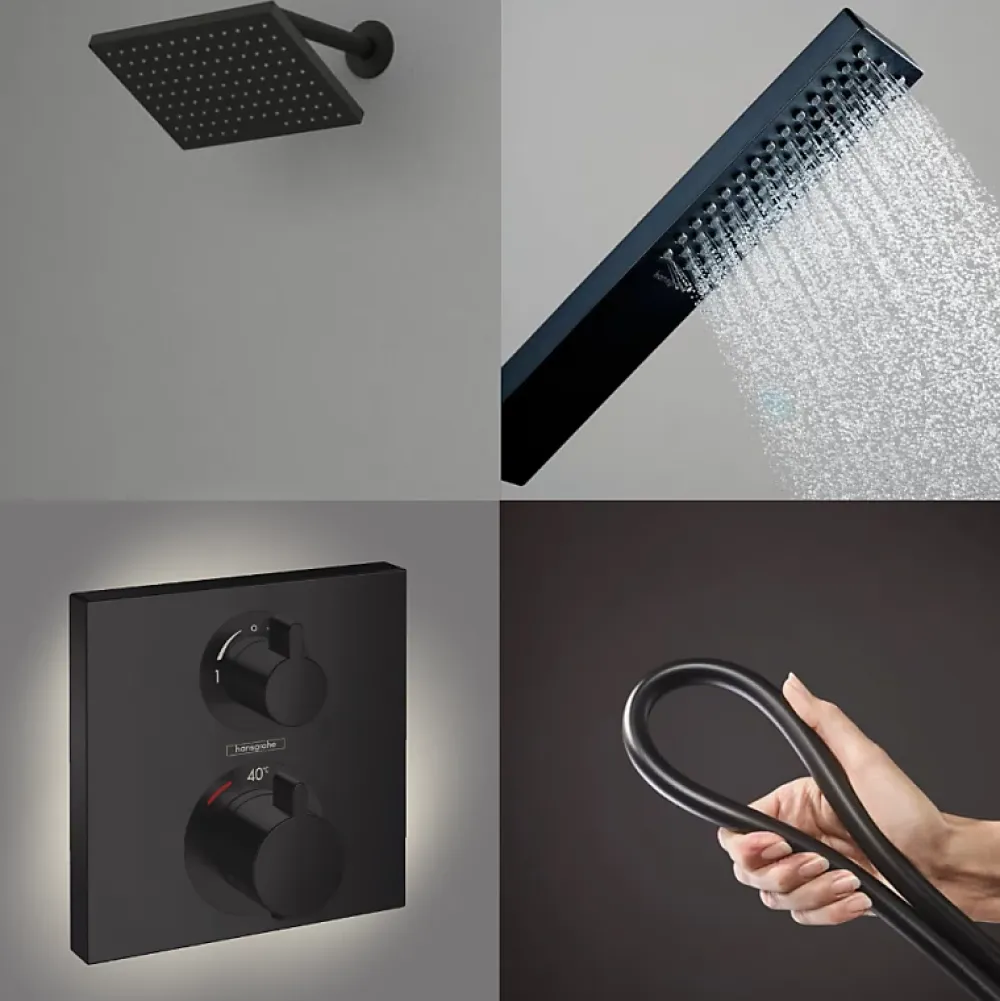 Colonne De Douche Encastrable|Hansgrohe Colonne douche thermostatique Ecostat Square Douche de tête Vernis Shape Flexible Isiflex Douchette Pulsify E noir mat