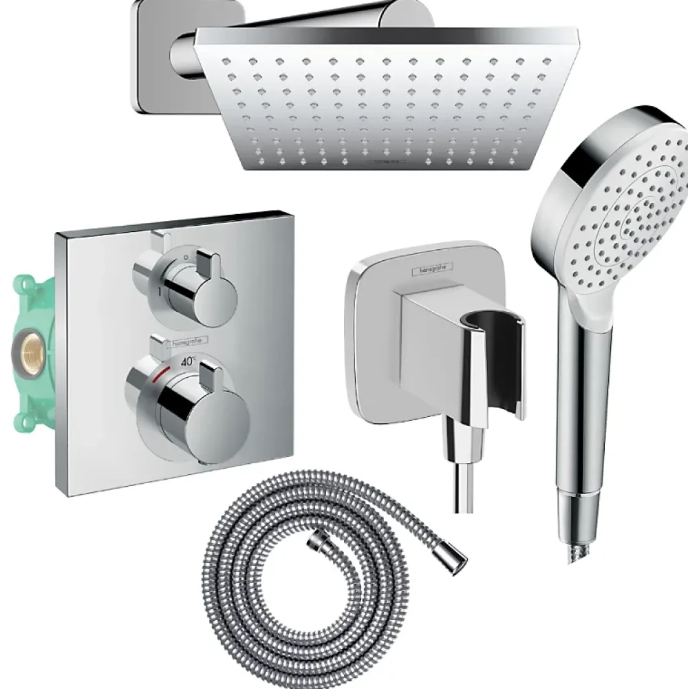 Colonne De Douche Encastrable|Hansgrohe Colonne douche thermostatique Ecostat Square Douche de tête Vernis Shape Flexible Metaflex Douchette Crometta chromé