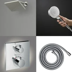 Colonne De Douche Encastrable|Hansgrohe Colonne douche thermostatique Ecostat Square Douche de tête Vernis Shape Flexible Metaflex Douchette Crometta chromé