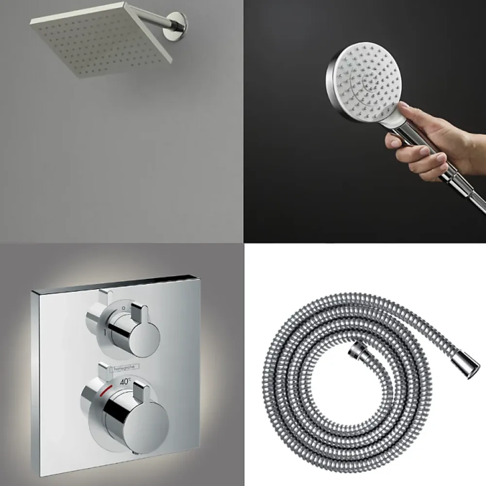 Colonne De Douche Encastrable|Hansgrohe Colonne douche thermostatique Ecostat Square Douche de tête Vernis Shape Flexible Metaflex Douchette Crometta chromé