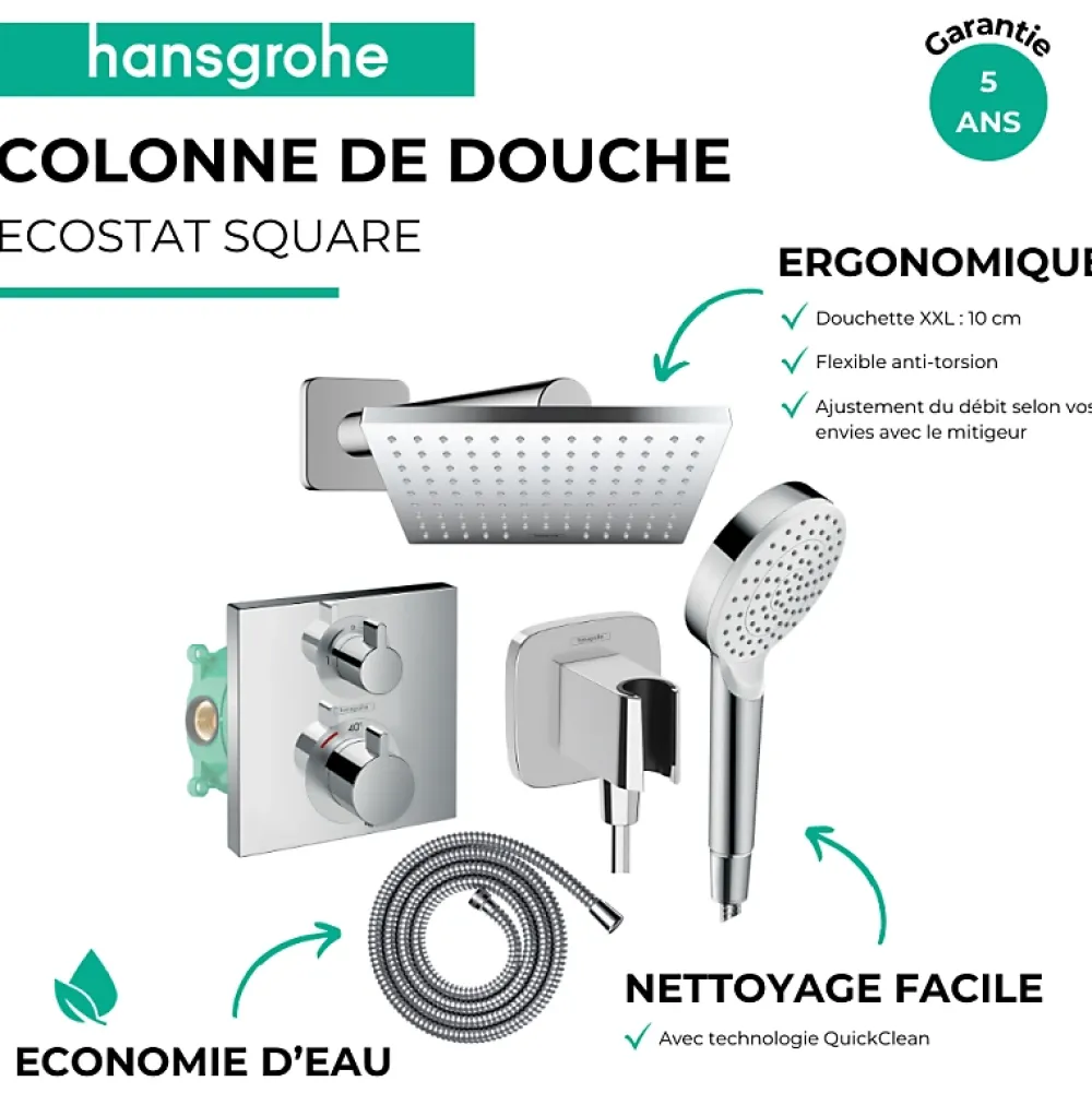 Colonne De Douche Encastrable|Hansgrohe Colonne douche thermostatique Ecostat Square Douche de tête Vernis Shape Flexible Metaflex Douchette Crometta chromé