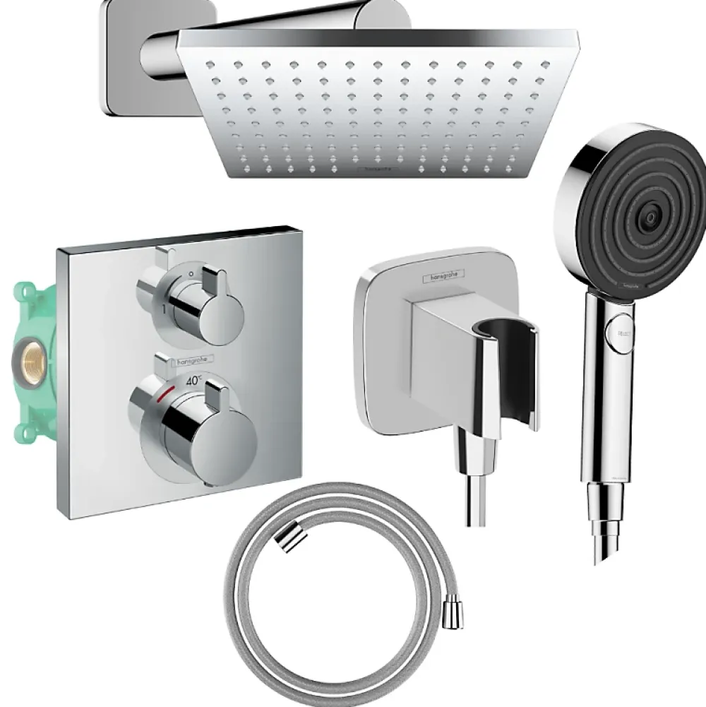 Colonne De Douche Encastrable|Hansgrohe Colonne douche thermostatique Ecostat Square Douche de tête Vernis Shape Flexible Isiflex Douchette Pulsify chromé