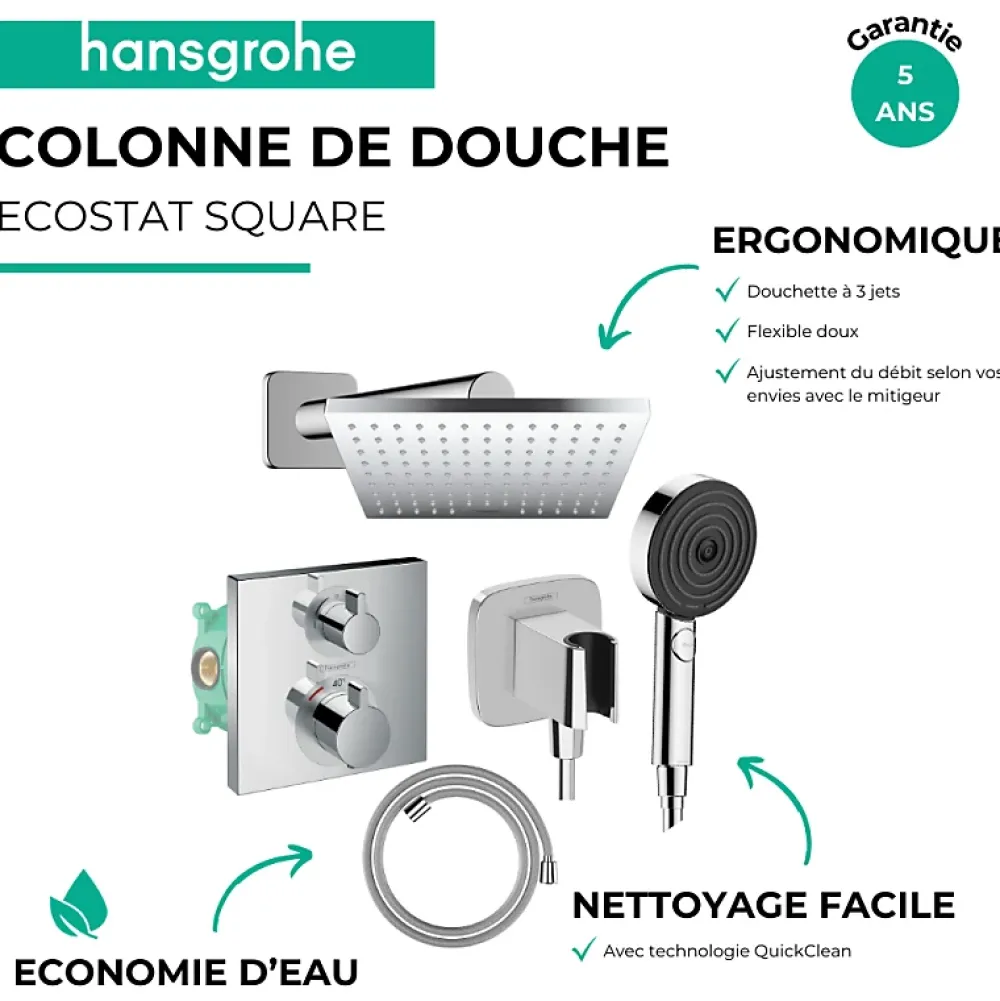 Colonne De Douche Encastrable|Hansgrohe Colonne douche thermostatique Ecostat Square Douche de tête Vernis Shape Flexible Isiflex Douchette Pulsify chromé