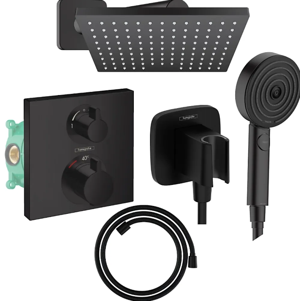 Hansgrohe Colonne douche thermostatique Ecostat Square Douche de tête Vernis Shape Flexible Designflex Douchette Pulsify noir mat