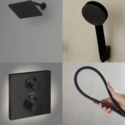 Hansgrohe Colonne douche thermostatique Ecostat Square Douche de tête Vernis Shape Flexible Designflex Douchette Pulsify noir mat