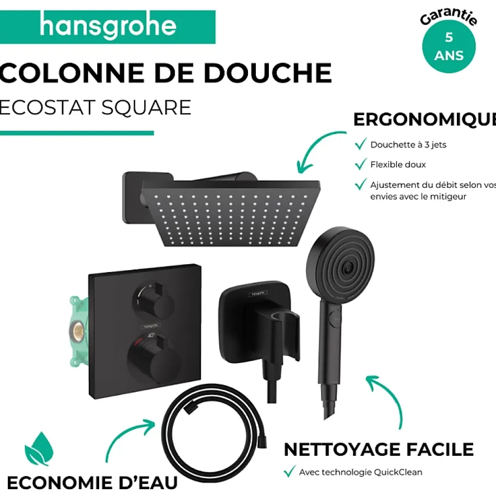 Hansgrohe Colonne douche thermostatique Ecostat Square Douche de tête Vernis Shape Flexible Designflex Douchette Pulsify noir mat