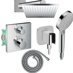 Hansgrohe Colonne douche thermostatique Ecostat Square Douche de tête Vernis Shape Flexible Metaflex Douchette Vernis Blend chromé