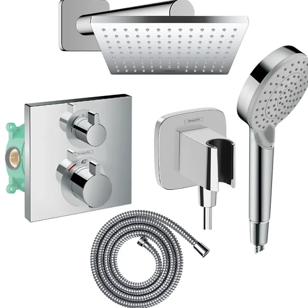 Hansgrohe Colonne douche thermostatique Ecostat Square Douche de tête Vernis Shape Flexible Metaflex Douchette Vernis Blend chromé