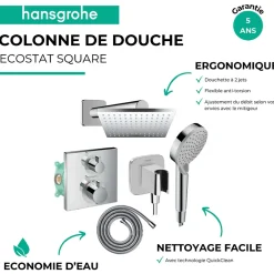 Hansgrohe Colonne douche thermostatique Ecostat Square Douche de tête Vernis Shape Flexible Metaflex Douchette Vernis Blend chromé