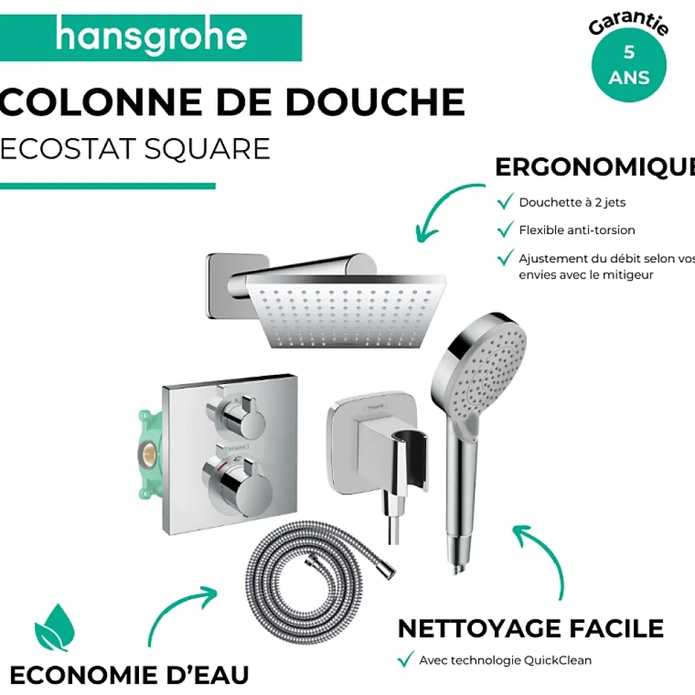 Hansgrohe Colonne douche thermostatique Ecostat Square Douche de tête Vernis Shape Flexible Metaflex Douchette Vernis Blend chromé