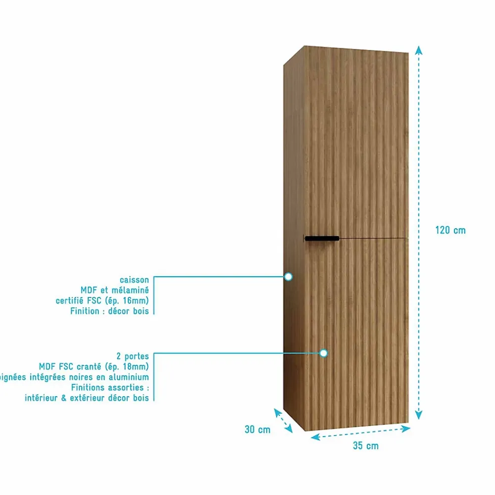 Aurlane Colonne Façade Ondulee 35x30x120 cm - 2 Portes en MDF Decor Bois - MILO