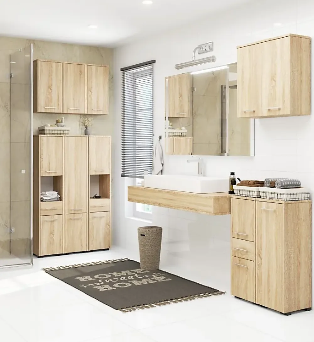 3xE Living Colonne salle de bain, 2 armoires, 1 tiroir, 140 x 30 x 30 cm, chêne sonoma