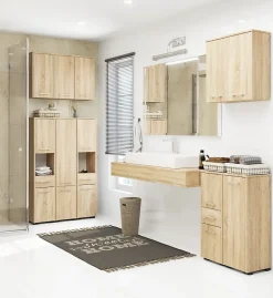 Armoire De Salle De Bains|3xE Living Colonne salle de bain, 2 armoires, 140 x 30 x 30 cm, chêne sonoma