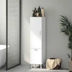 Homcom Colonne salle de bain - porte, 2 étagères, panier à linge - dim. 35 x 31,5 x 144 cm - blanc