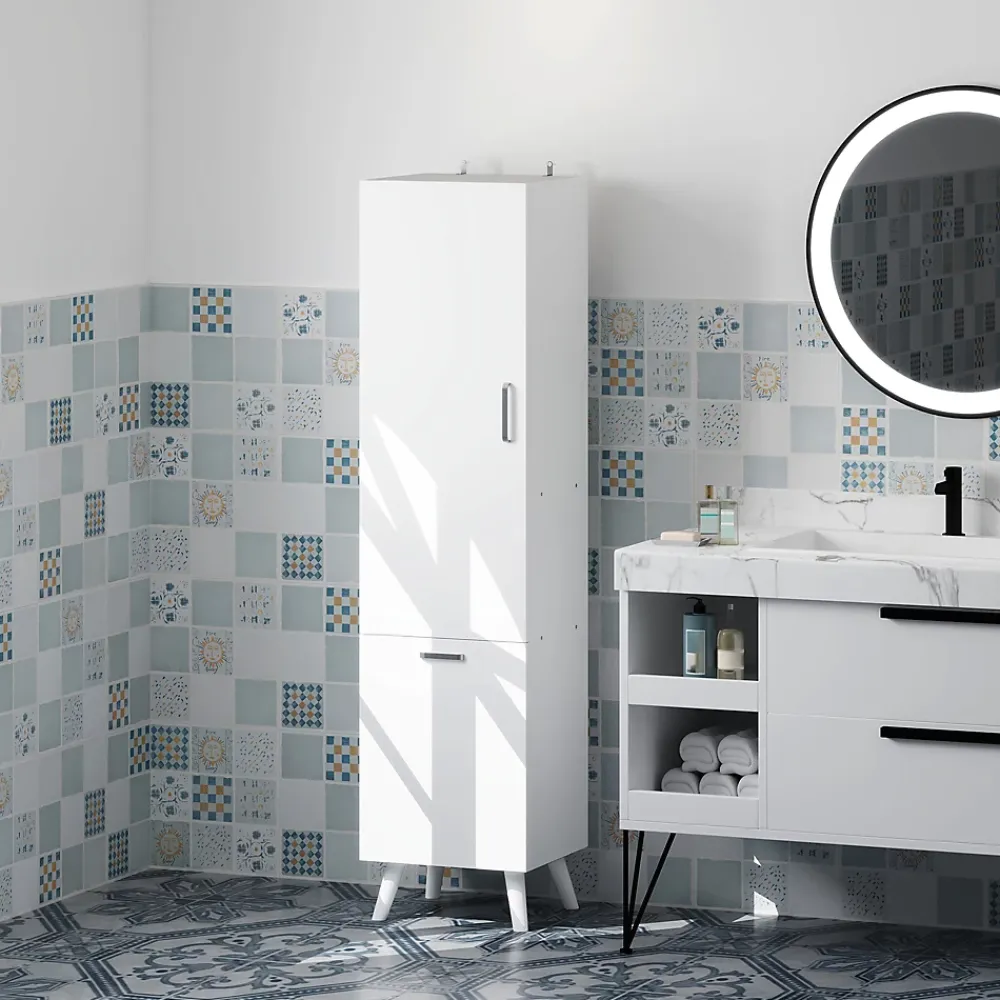Homcom Colonne salle de bain - porte, 2 étagères, panier à linge - dim. 35 x 31,5 x 144 cm - blanc