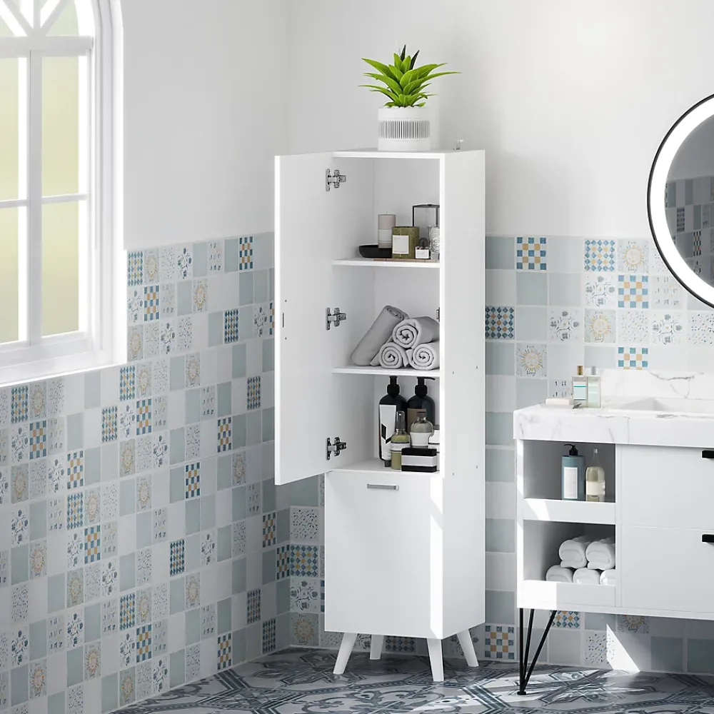 Homcom Colonne salle de bain - porte, 2 étagères, panier à linge - dim. 35 x 31,5 x 144 cm - blanc