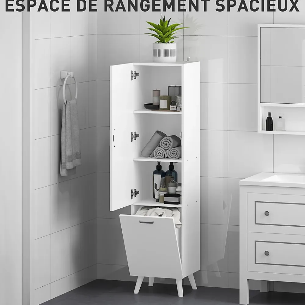 Homcom Colonne salle de bain - porte, 2 étagères, panier à linge - dim. 35 x 31,5 x 144 cm - blanc