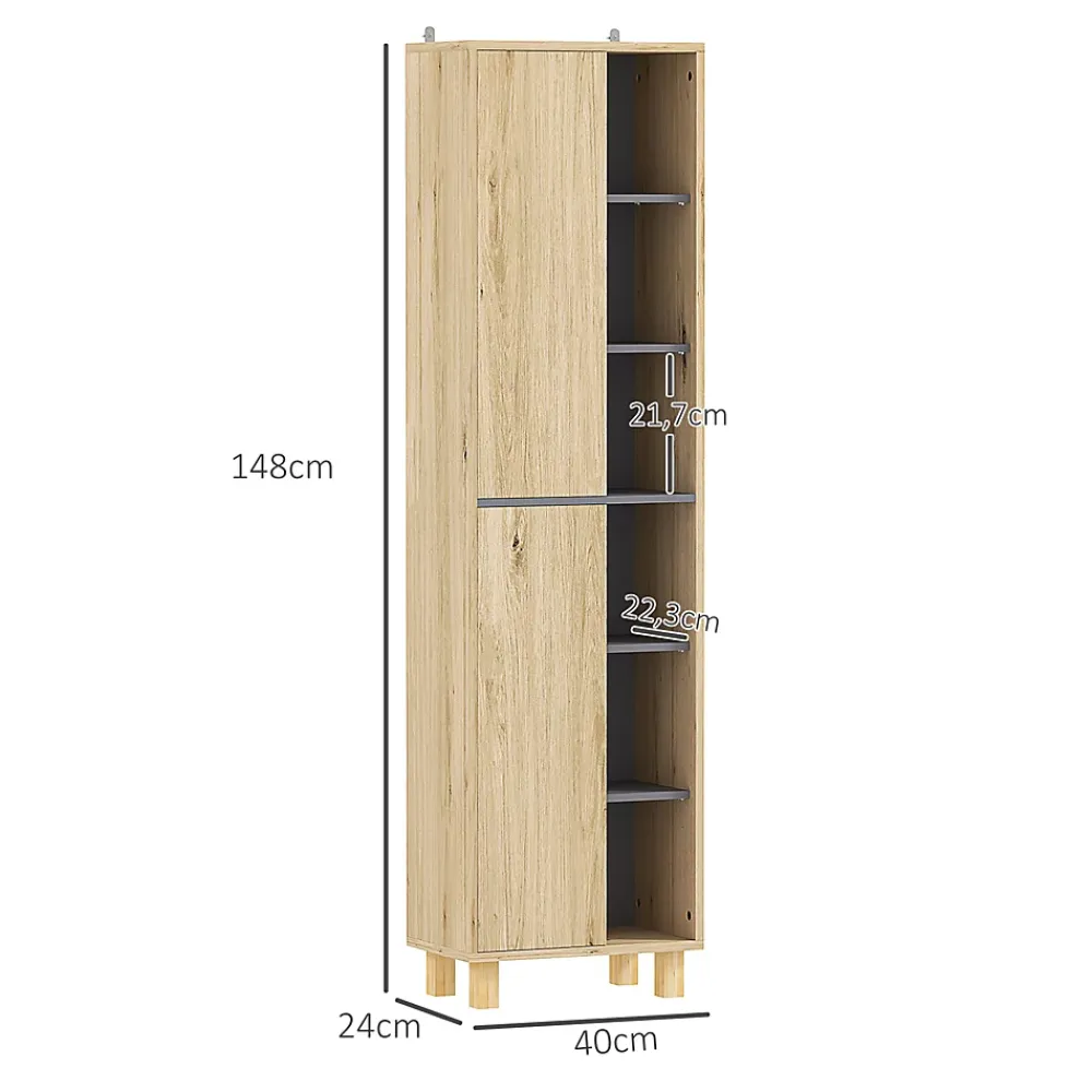 Colonne De Salle De Bains|Homcom Colonne salle de bain design H.148 cm - 2 portes, 4 étagères, 6 niches - gris effet bois clair naturel