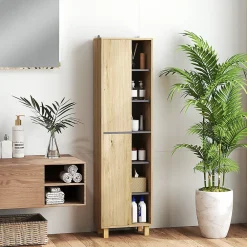 Colonne De Salle De Bains|Homcom Colonne salle de bain design H.148 cm - 2 portes, 4 étagères, 6 niches - gris effet bois clair naturel