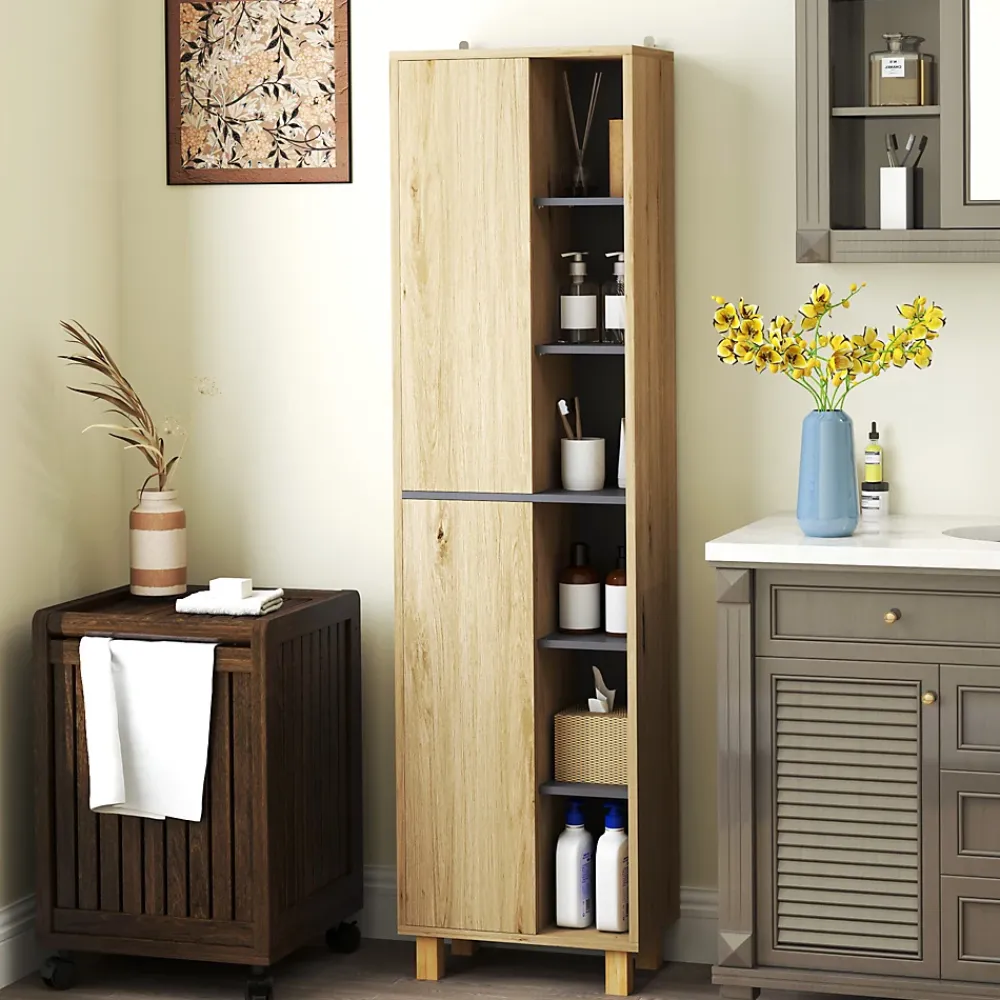 Colonne De Salle De Bains|Homcom Colonne salle de bain design H.148 cm - 2 portes, 4 étagères, 6 niches - gris effet bois clair naturel