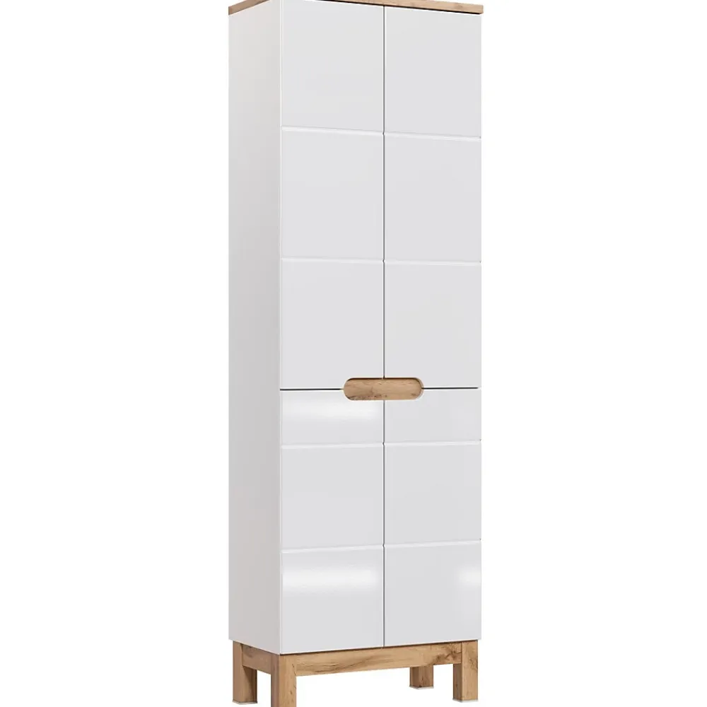 Meublorama Colonne salle de bain ERMANO Chene clair et blanc brillant 60x187 cm 4 portes À poser