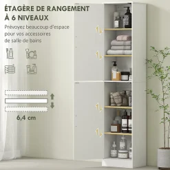 Homcom Colonne salle de bain H180 cm - 2 portes, 4 étagères réglables - effet bois blanc