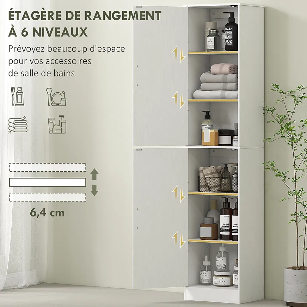 Homcom Colonne salle de bain H180 cm - 2 portes, 4 étagères réglables - effet bois blanc