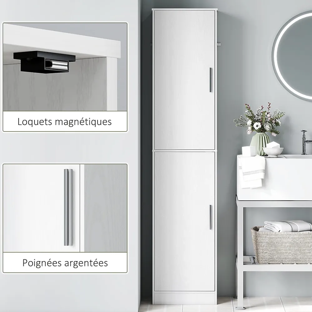 Homcom Colonne salle de bain H180 cm - 2 portes, 4 étagères réglables - effet bois blanc