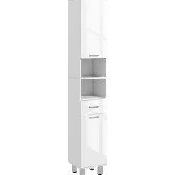 Colonne De Salle De Bains|kleankin Colonne salle de bain H.180cm façade blanc laqué 2 portes, 2 étagères, 2 niches, tiroir