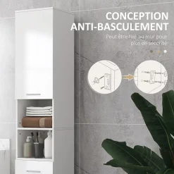Colonne De Salle De Bains|kleankin Colonne salle de bain H.180cm façade blanc laqué 2 portes, 2 étagères, 2 niches, tiroir