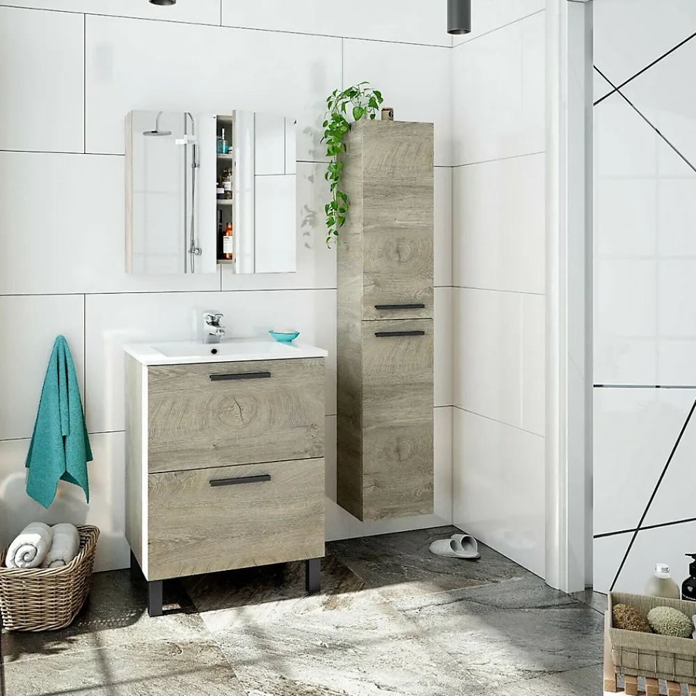 Pegane Colonne salle de bain Suspendue avec 2 Portes coloris Alaska chêne à nœuds - Hauteur 150 x Longueur 30 x Profondeur 25 cm