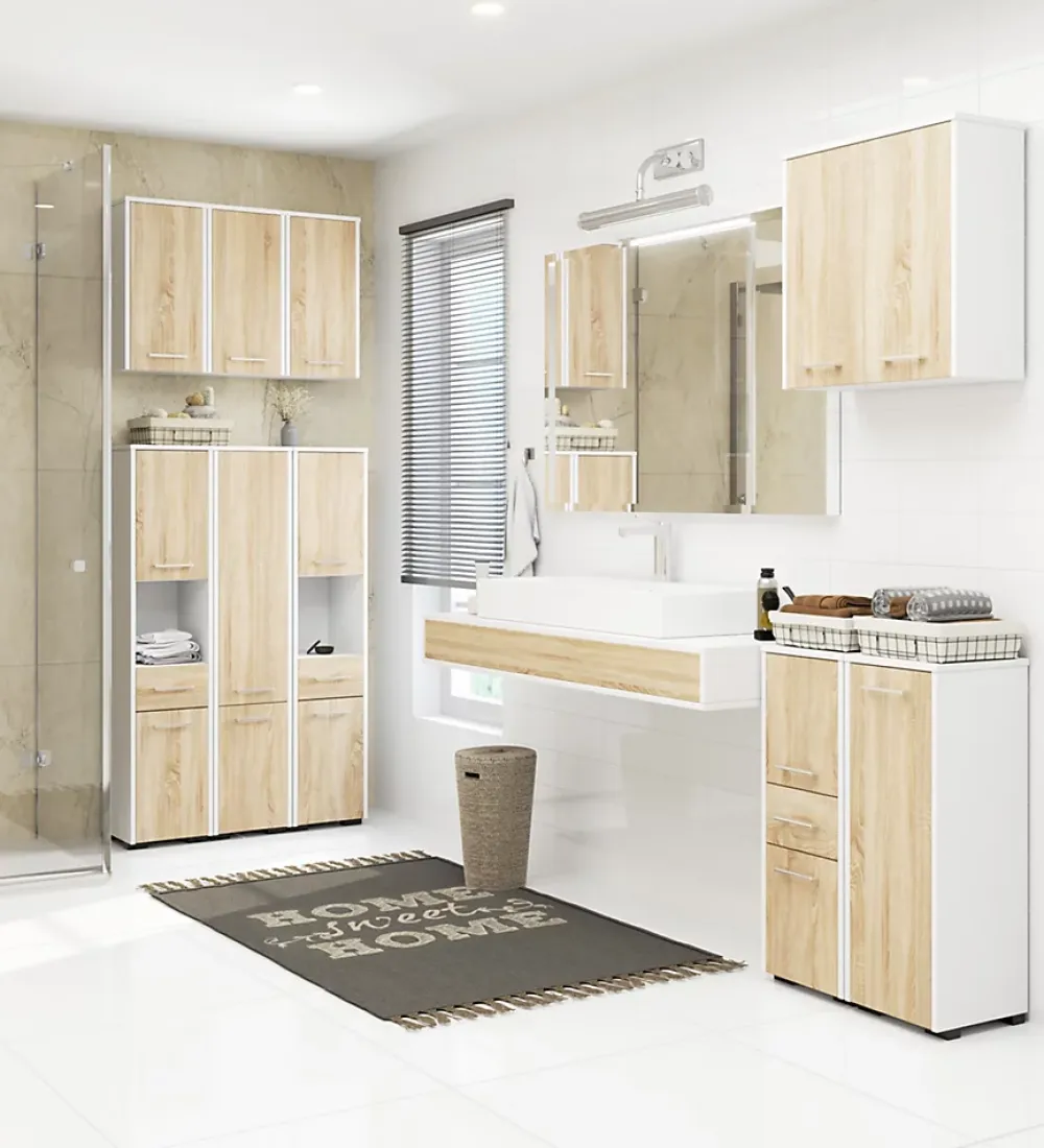 Akord Furniture Factory Colonne salle de bains AKORD FIN Blanche 30 cm 2 portes façade Chêne Sonoma 5 étagères 30x30x140 cm