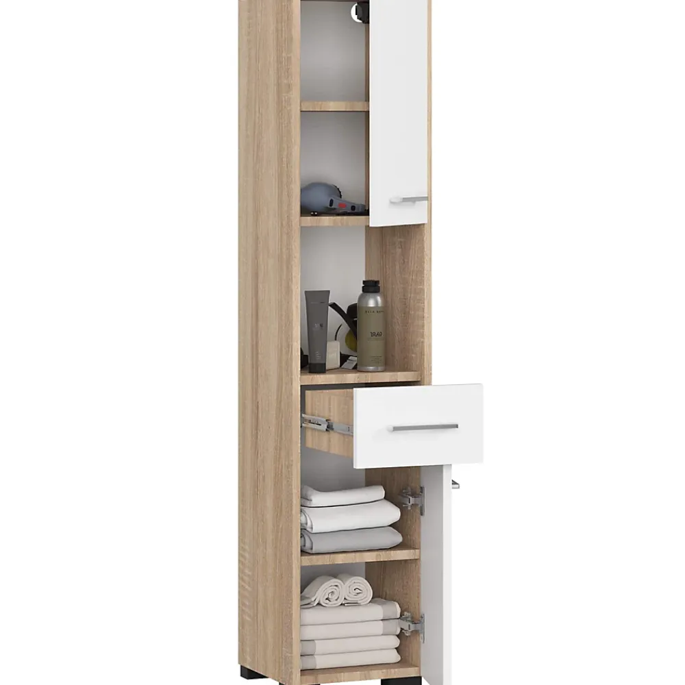 Akord Furniture Factory Colonne salle de bains AKORD FIN Chêne Sonoma 30 cm 2 portes 1 tiroir façade Blanche 5 étagères 30x30x140 cm