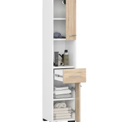 Akord Furniture Factory Colonne salle de bains AKORD FIN Blanche 30 cm 2 portes 1 tiroir façade Chêne Sonoma 5 étagères 30x30x140 cm