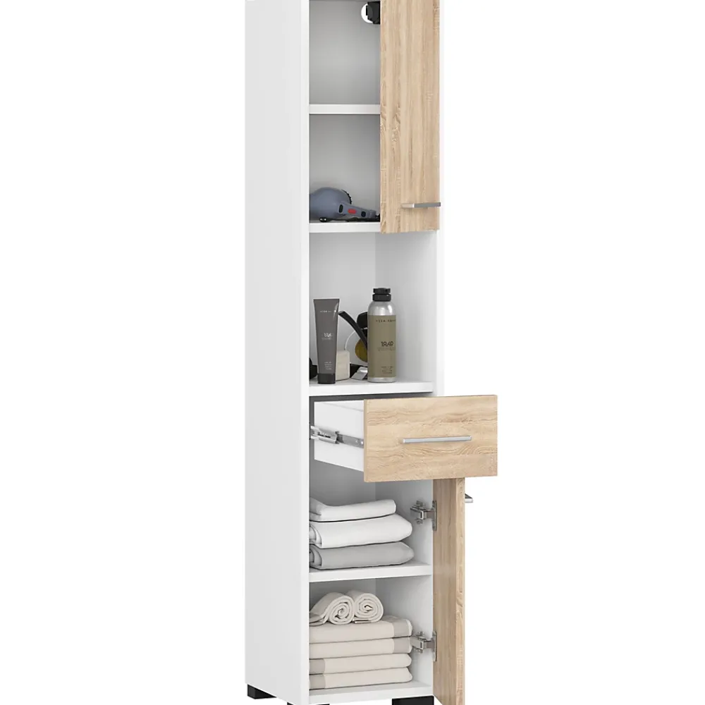 Akord Furniture Factory Colonne salle de bains AKORD FIN Blanche 30 cm 2 portes 1 tiroir façade Chêne Sonoma 5 étagères 30x30x140 cm