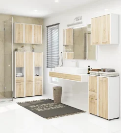 Akord Furniture Factory Colonne salle de bains AKORD FIN Blanche 30 cm 2 portes 1 tiroir façade Chêne Sonoma 5 étagères 30x30x140 cm